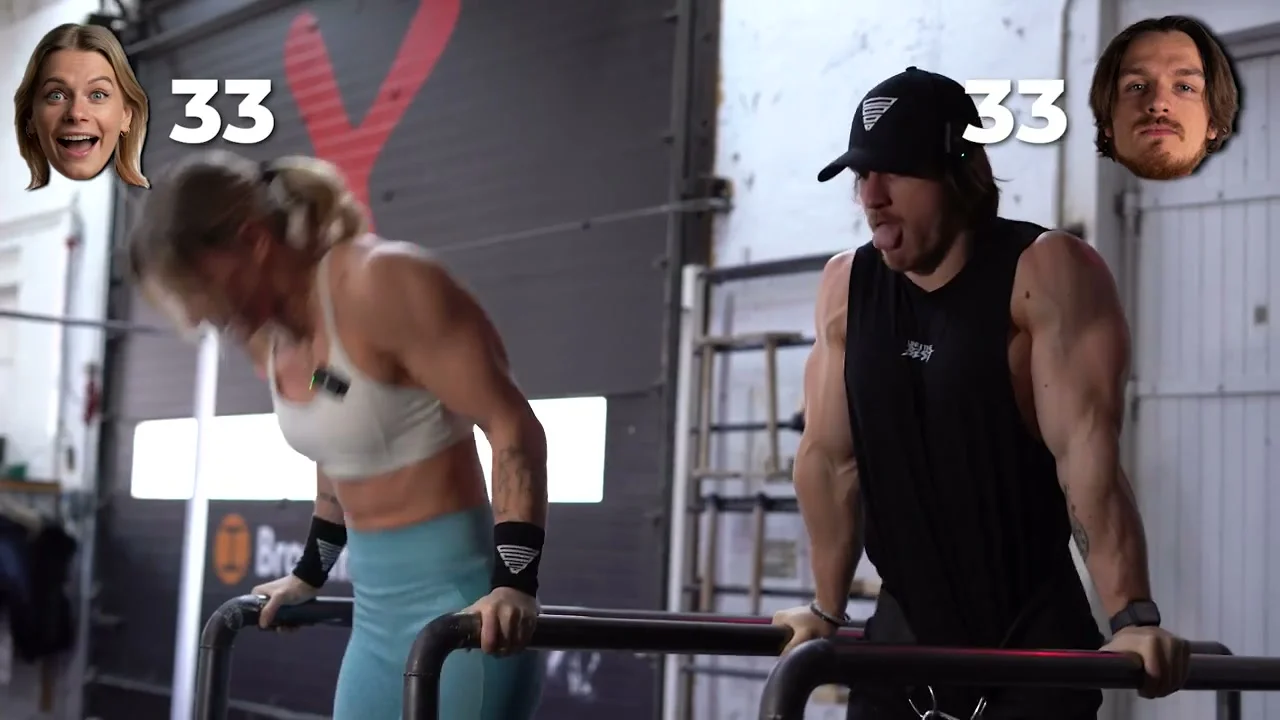 Malin and Bruno standing by the dip bars preparing for the weighted dips challenge